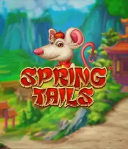 A whimsical illustration of a white rat wearing a red traditional Chinese outfit standing in a vibrant landscape with mountains. The image is for the Spring Tails game by Betsoft, showcased with striking gold and red logo text.