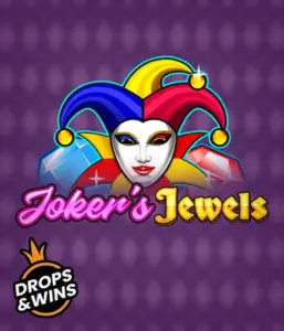 Experience the playful ambiance of Joker's Jewels slot by Pragmatic Play, highlighting a captivating joker's mask adorned with a brightly colored jester hat. This image conveys the joyful spirit of classic slots, set against a purple background. Great for those who love classic slot games, delivering a thrilling gaming experience. 