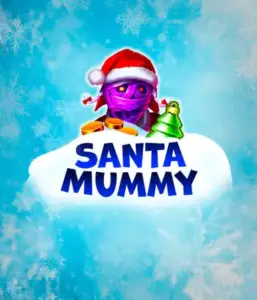  Discover the quirky "Santa Mummy" slot game by Belatra, highlighting a Santa-clad mummy dressed in festive holiday attire. This vibrant image captures the mummy with a bright purple hue, wearing a Santa hat, surrounded by snowy blue and frosty snowflakes. The game's title, "Santa Mummy," is clearly shown in large, icy blue letters.