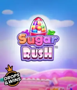 Experience the delightful world of the Sugar Rush slot game by Pragmatic Play, with a colorful candy dispenser set against a whimsical candyland background. This image portrays the fun and excitement of the game, adorned with vivid candies and enticing typography. Great for candy lovers, delivering endless entertainment. 