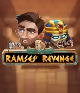 Uncover the thrilling world of Ramses' Revenge slot by Relax Gaming, highlighting a surprised explorer and a terrifying mummy set against an Egyptian tomb backdrop. This graphic portrays the drama of tomb exploration, perfect for fans of Egyptian-themed slots, offering a gripping adventure. 